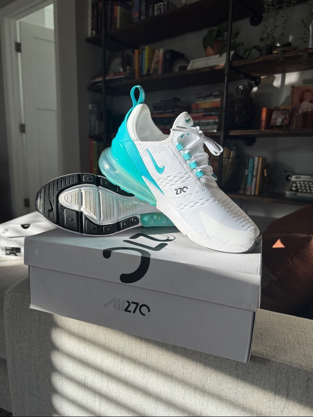 Women’s Nike White and Teal Air Max 270 Sneakers